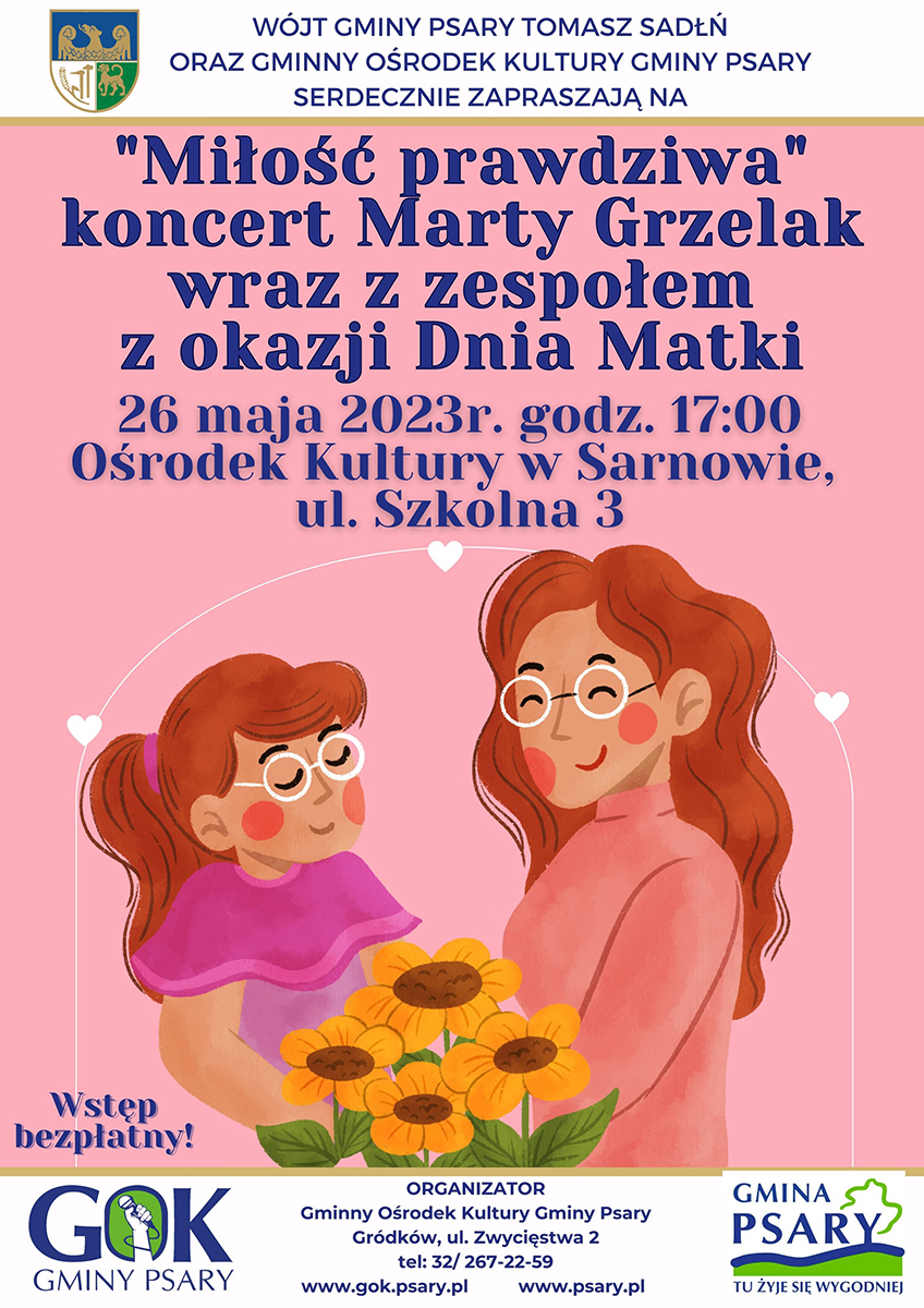 Koncert "Miłość prawdziwa" w wykonaniu Marty Grzelak z zespołem 26 maja o godz. 17:00 w Ośrodku Kultury w Sarnowie