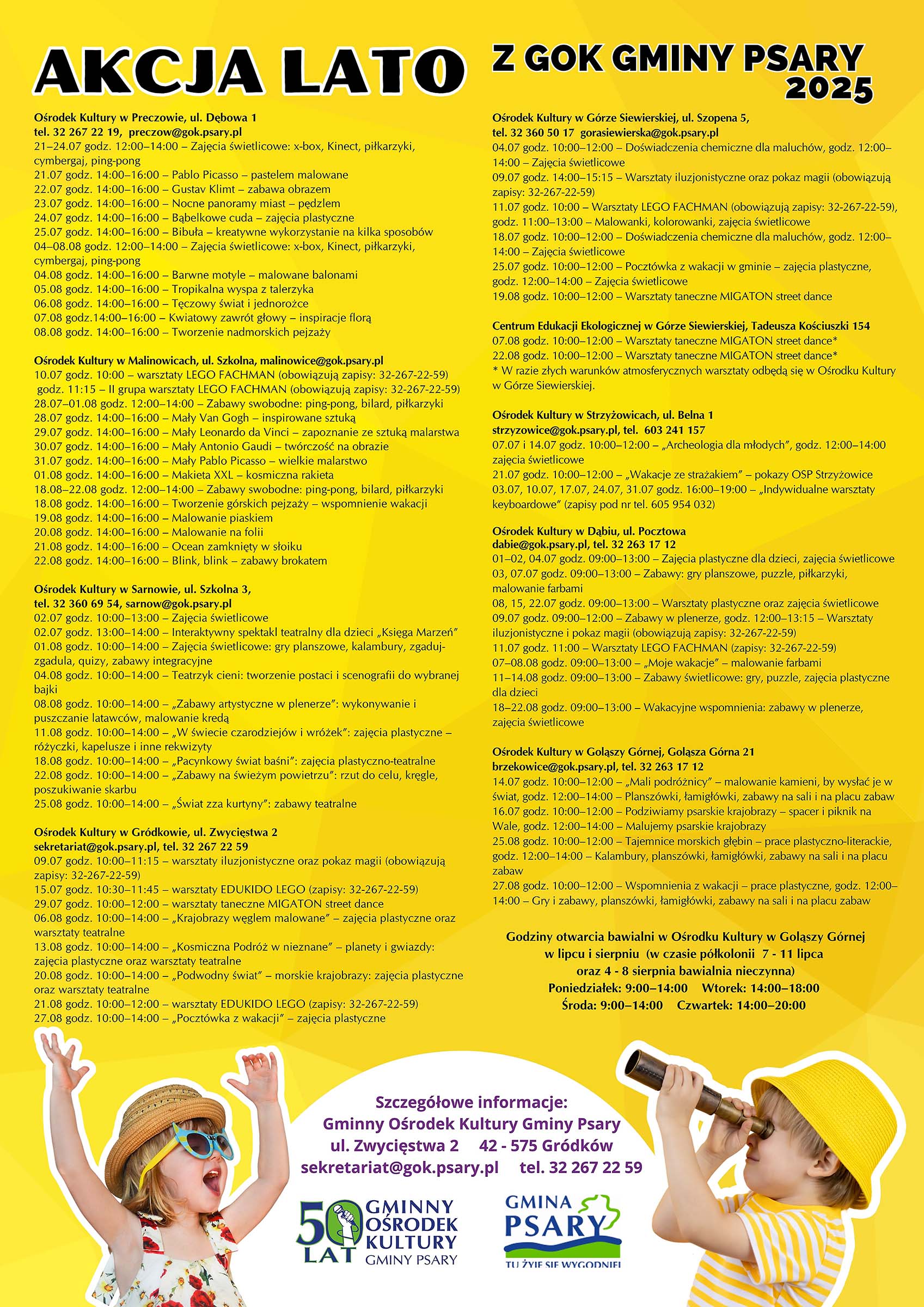 Akcja Lato 2025 plakat z rozpiską zajęć organizowanych przez GOK Gminy Psary w ramach akcji lato